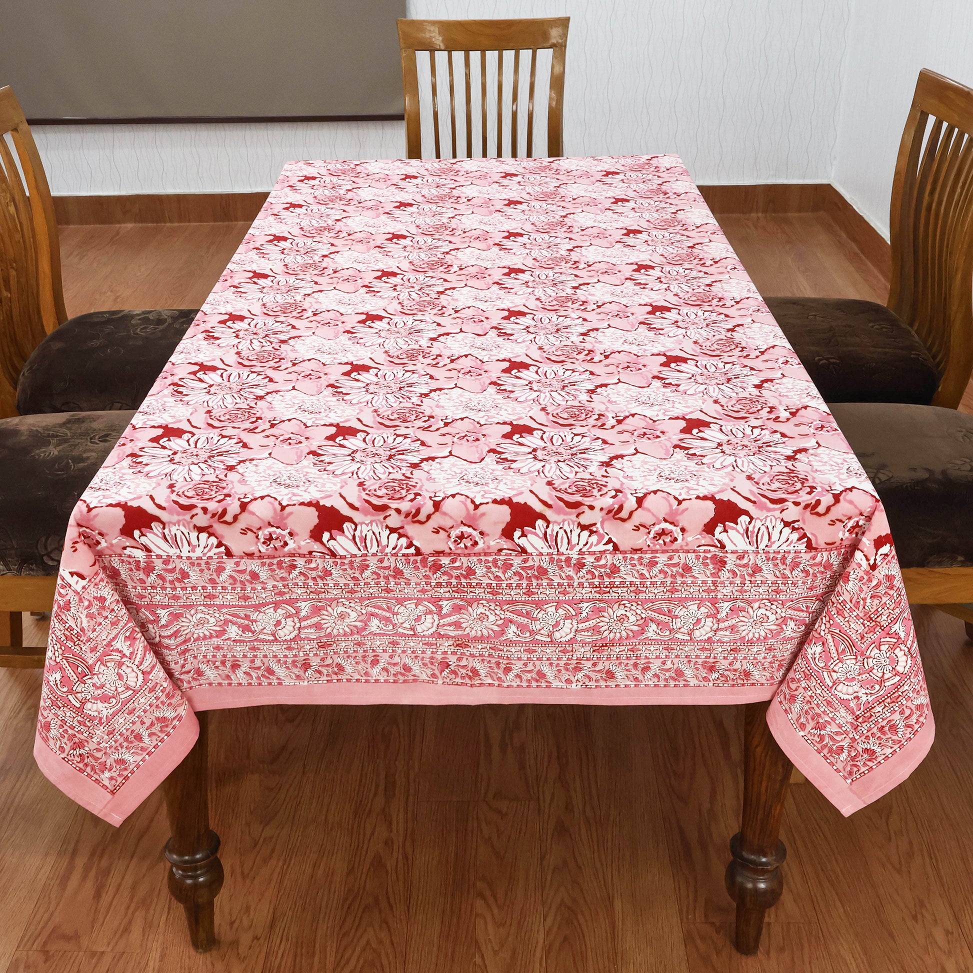 Indian Handmade Block Printed Cotton Pink and White Rectangle Tablecloth - My Store