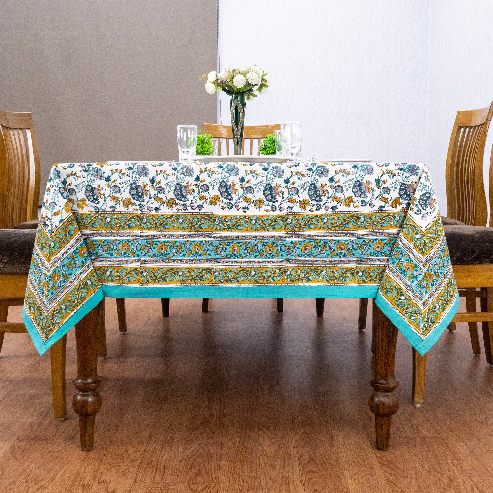 Blue & Yellow Block Print Cotton Tablecloth, Handmade Indian Rectangle Table Linen - My Store