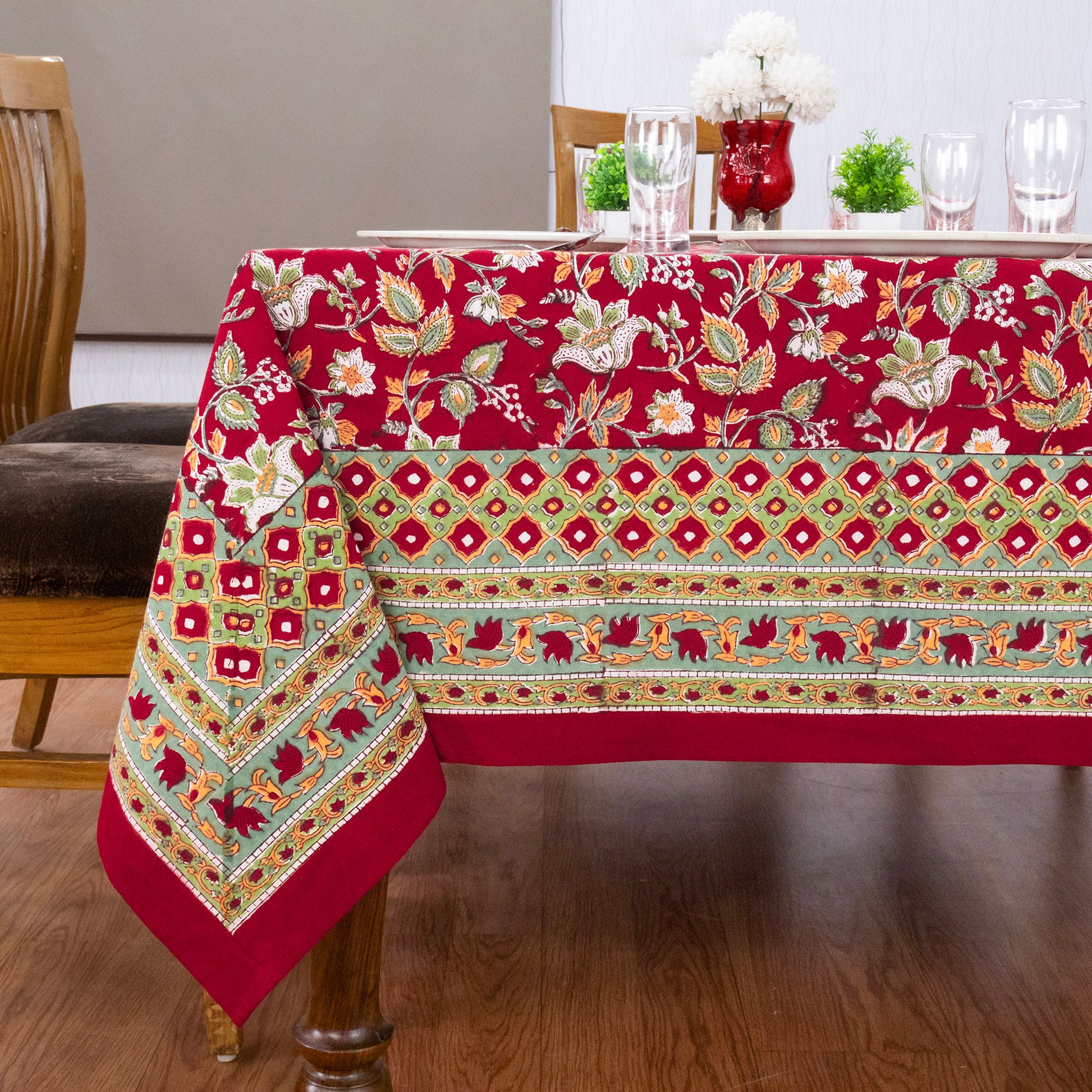 Red and Green Block Print Cotton Tablecloth, Handmade Indian Rectangle Table Linen - My Store