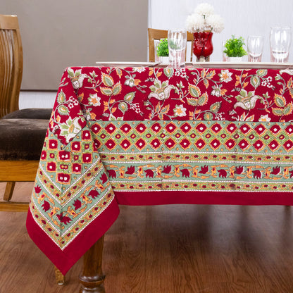 Red and Green Block Print Cotton Tablecloth, Handmade Indian Rectangle Table Linen - My Store