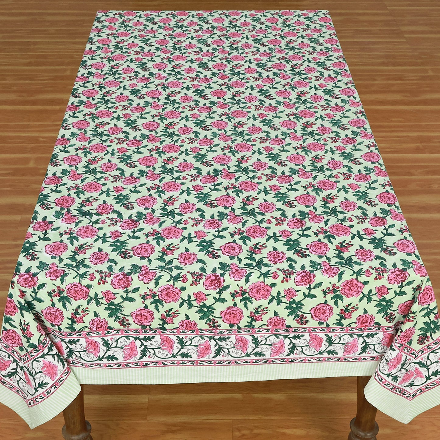 Rectangle Block Printed Cotton Pink and Green Tablecloth - My Store