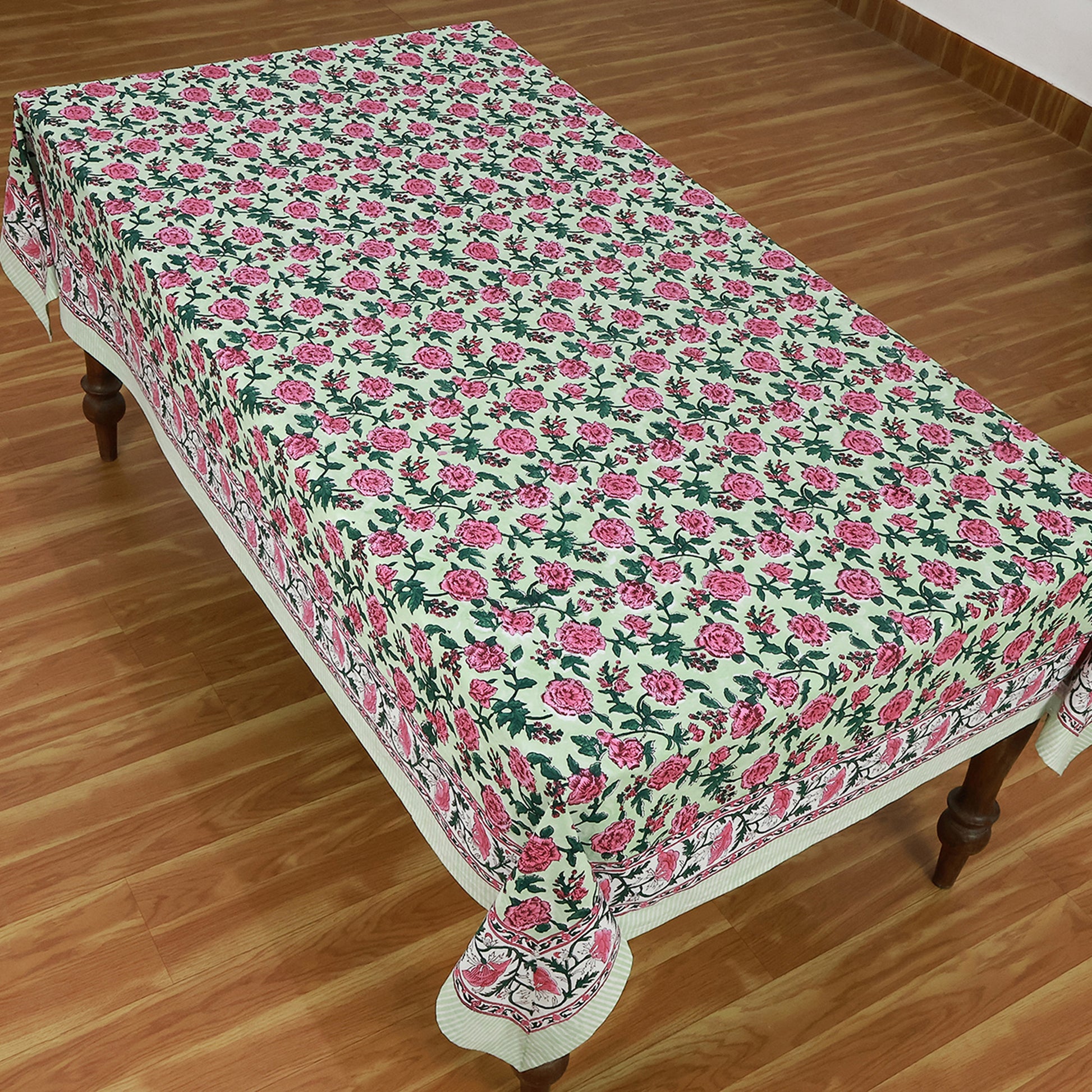 Rectangle Block Printed Cotton Pink and Green Tablecloth - My Store