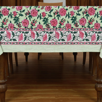 Rectangle Block Printed Cotton Pink and Green Tablecloth - My Store