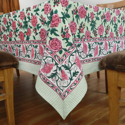 Rectangle Block Printed Cotton Pink and Green Tablecloth - My Store