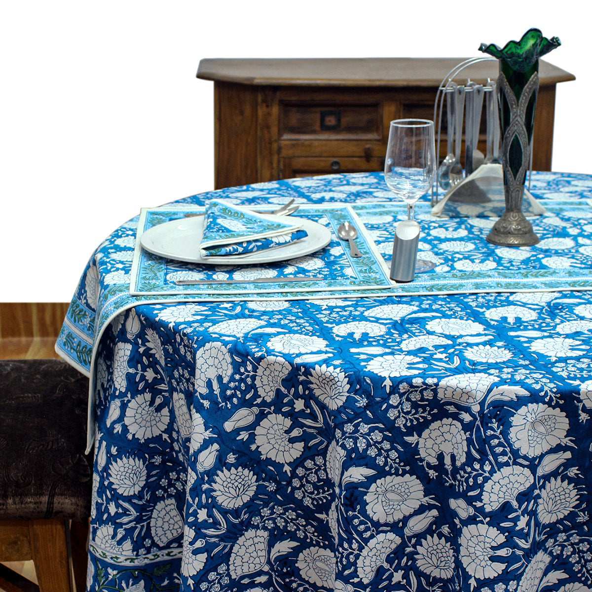 Blue and White Cotton Table Cloth For Dinning - Indian Block Printed Table Cover - My Store