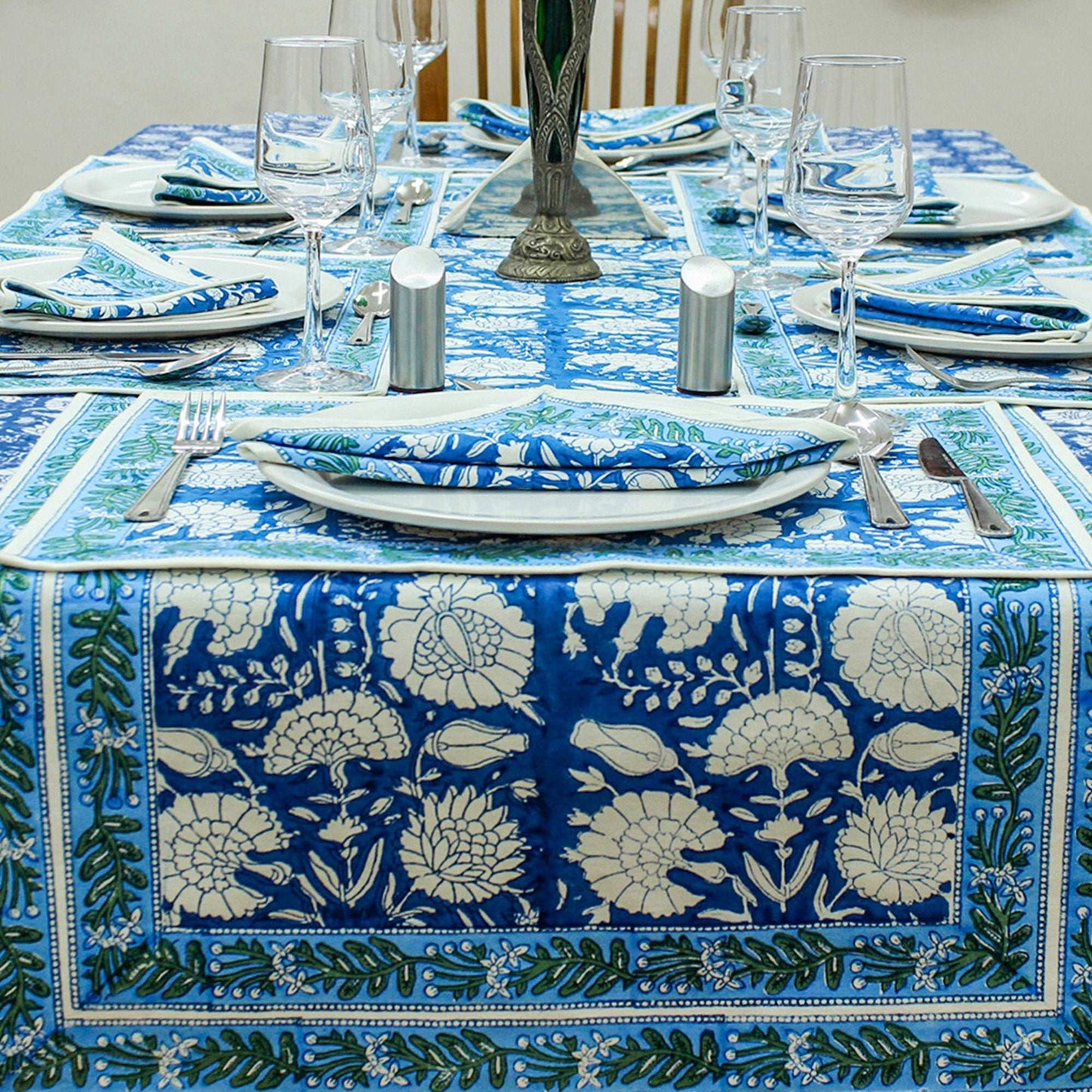Blue and White Floral Hand Block Printed Cotton Tablecloth - My Store