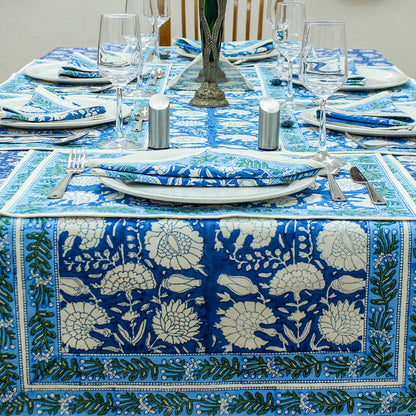 Blue and White Floral Hand Block Printed Cotton Tablecloth - My Store