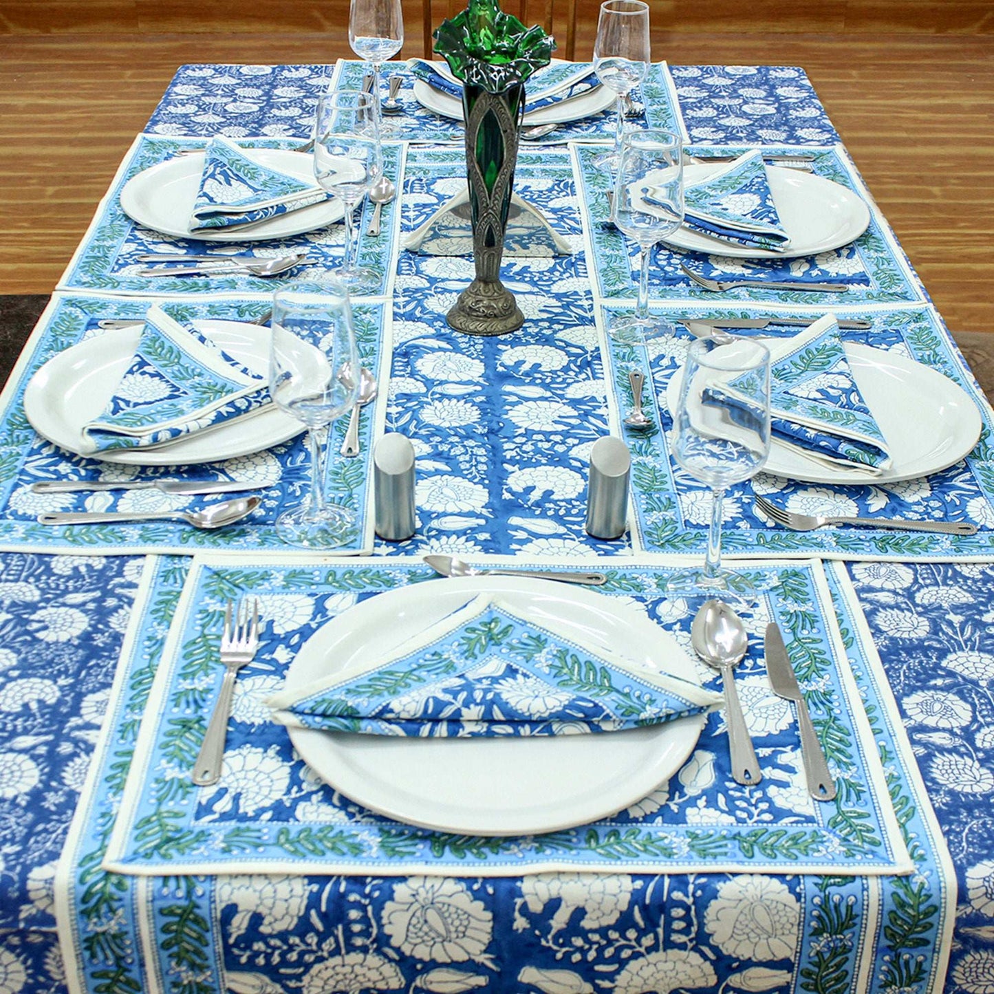 Blue and White Floral Hand Block Printed Cotton Tablecloth - My Store