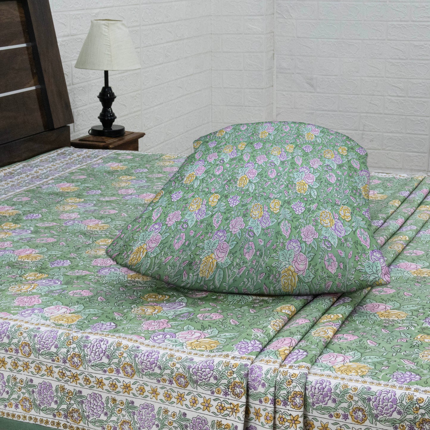 Indian Handmade Block Printed Green and Pink Floral Pattern Cotton Bed sheet For living Room, Kids Room - My Store