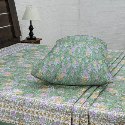Indian Handmade Block Printed Green and Pink Floral Pattern Cotton Bed sheet For living Room, Kids Room - My Store