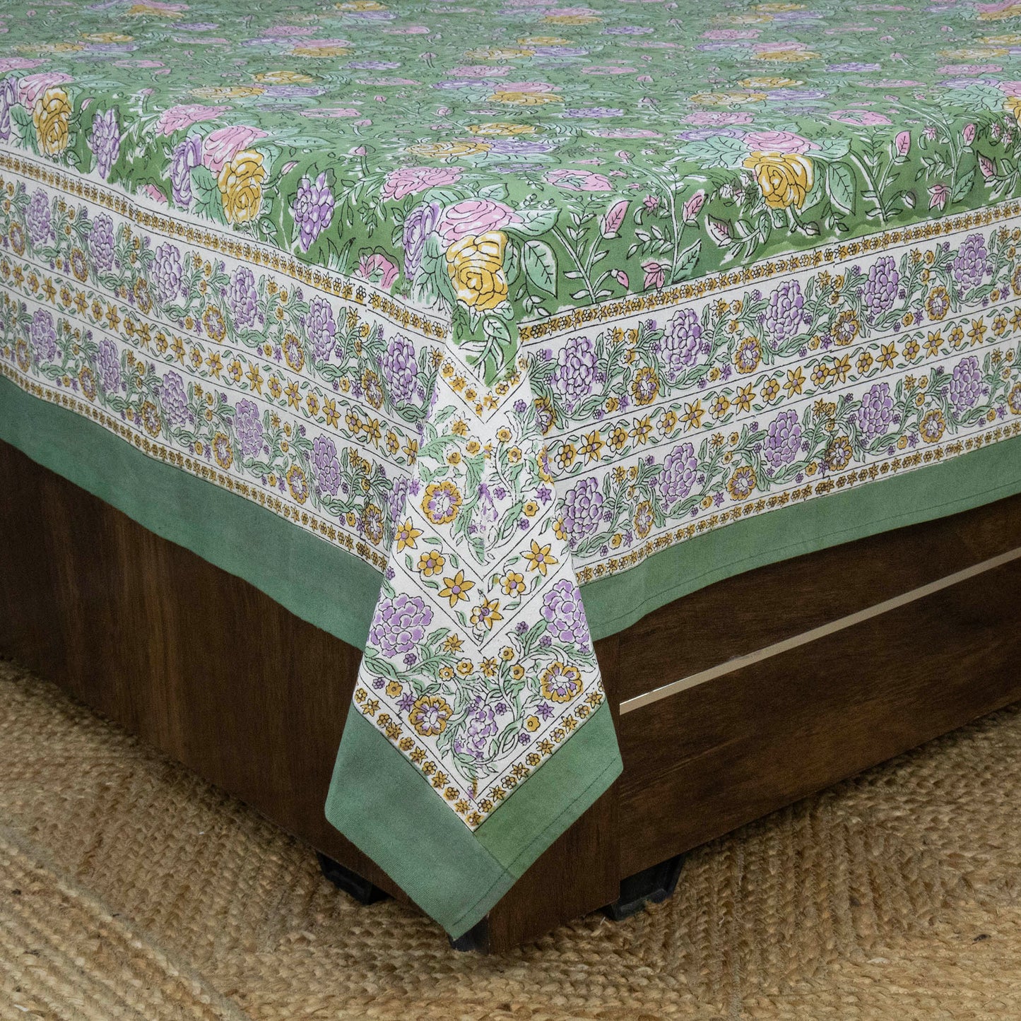 Indian Handmade Block Printed Green and Pink Floral Pattern Cotton Bed sheet For living Room, Kids Room - My Store