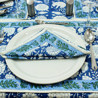 Blue and White Floral Hand Block Printed Cotton Tablecloth - My Store