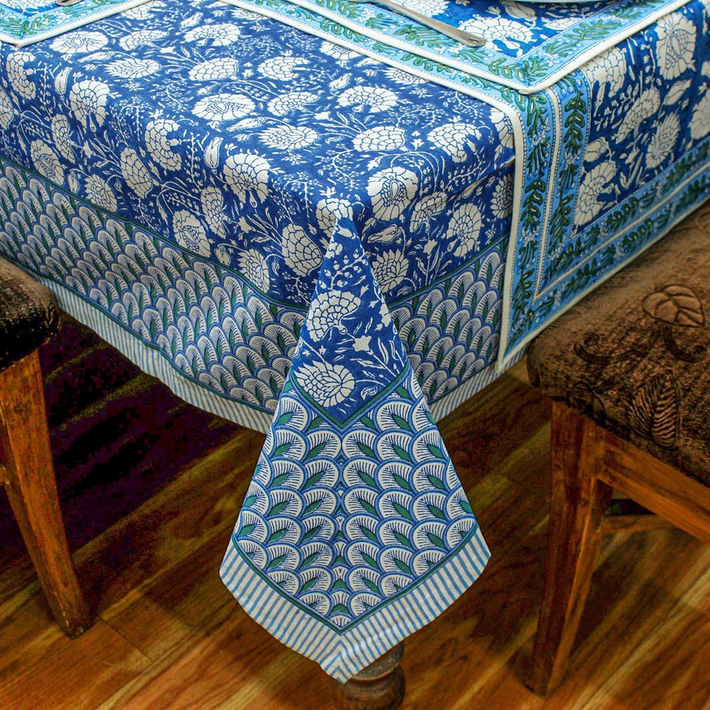 Blue and White Floral Hand Block Printed Cotton Tablecloth - My Store