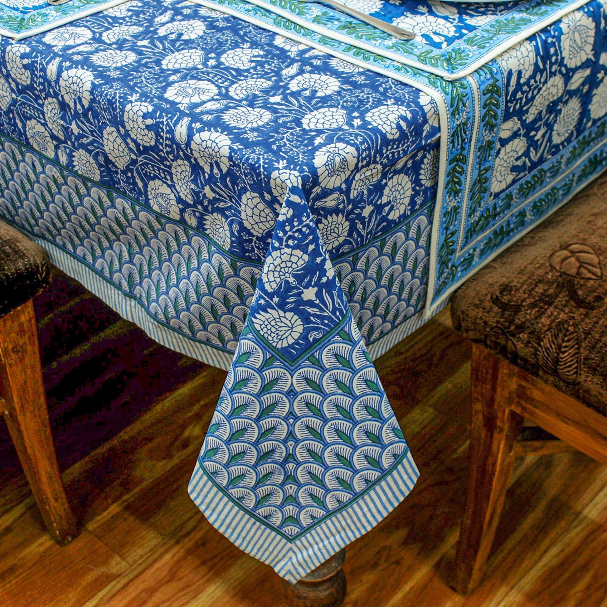 Blue and White Floral Hand Block Printed Cotton Tablecloth - My Store