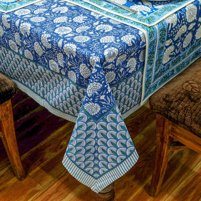 Blue and White Floral Hand Block Printed Cotton Tablecloth - My Store