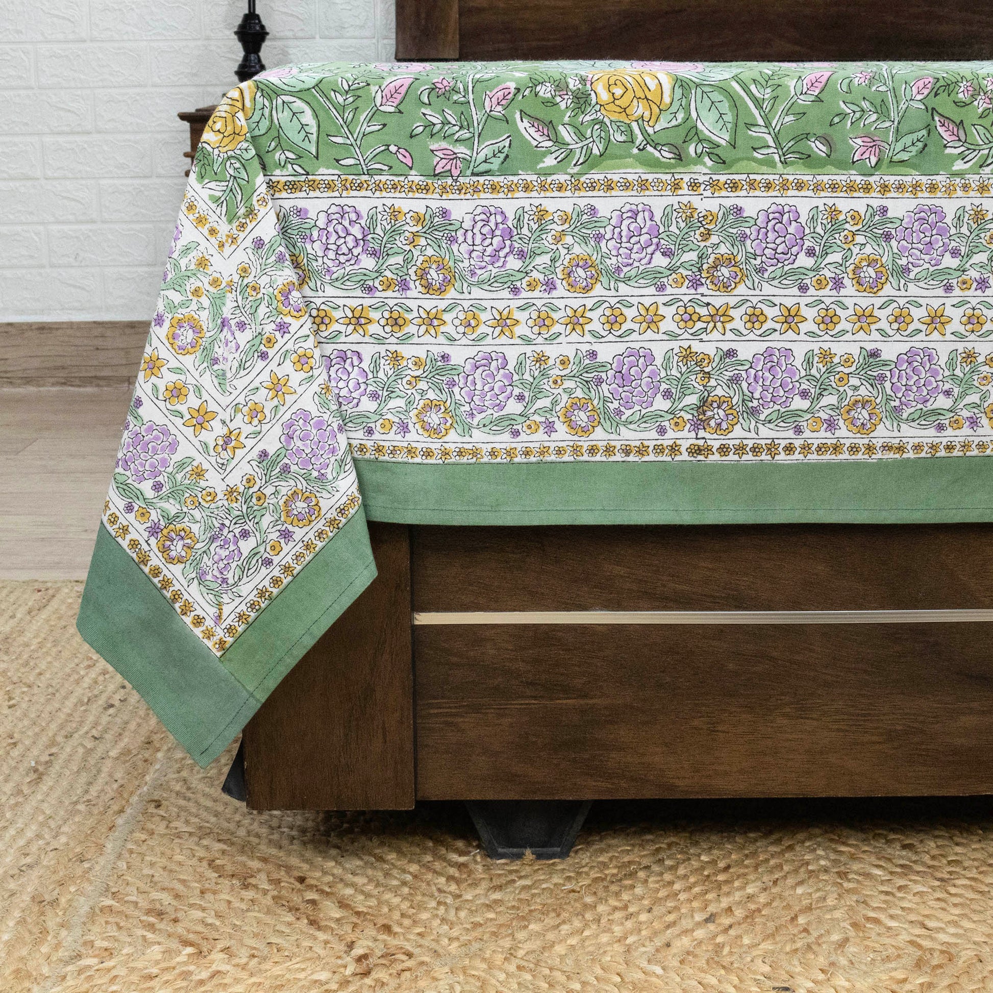 Indian Handmade Block Printed Green and Pink Floral Pattern Cotton Bed sheet For living Room, Kids Room - My Store