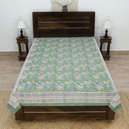 Indian Handmade Block Printed Green and Pink Floral Pattern Cotton Bed sheet For living Room, Kids Room - My Store