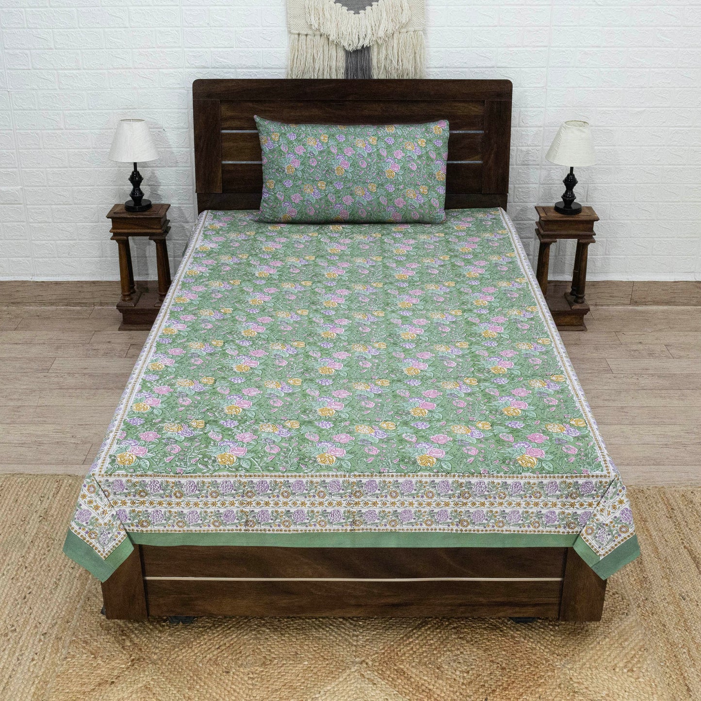 Indian Handmade Block Printed Green and Pink Floral Pattern Cotton Bed sheet For living Room, Kids Room - My Store
