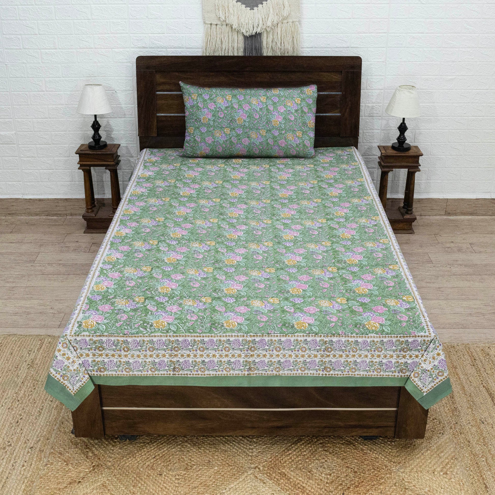 Indian Handmade Block Printed Green and Pink Floral Pattern Cotton Bed sheet For living Room, Kids Room - My Store