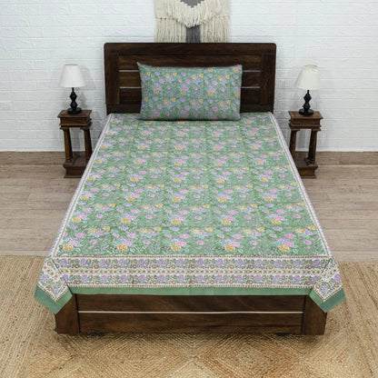 Indian Handmade Block Printed Green and Pink Floral Pattern Cotton Bed sheet For living Room, Kids Room - My Store