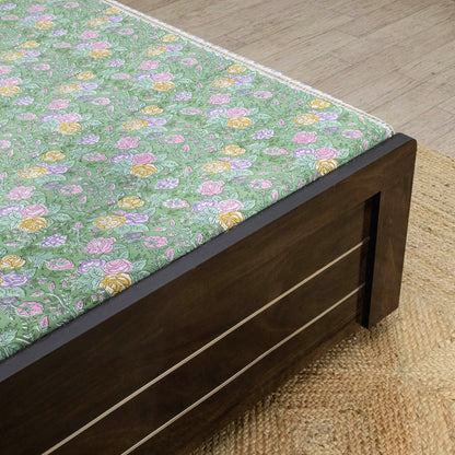 Indian Handmade Block Printed Green and Pink Floral Pattern Cotton Bed sheet For living Room, Kids Room - My Store
