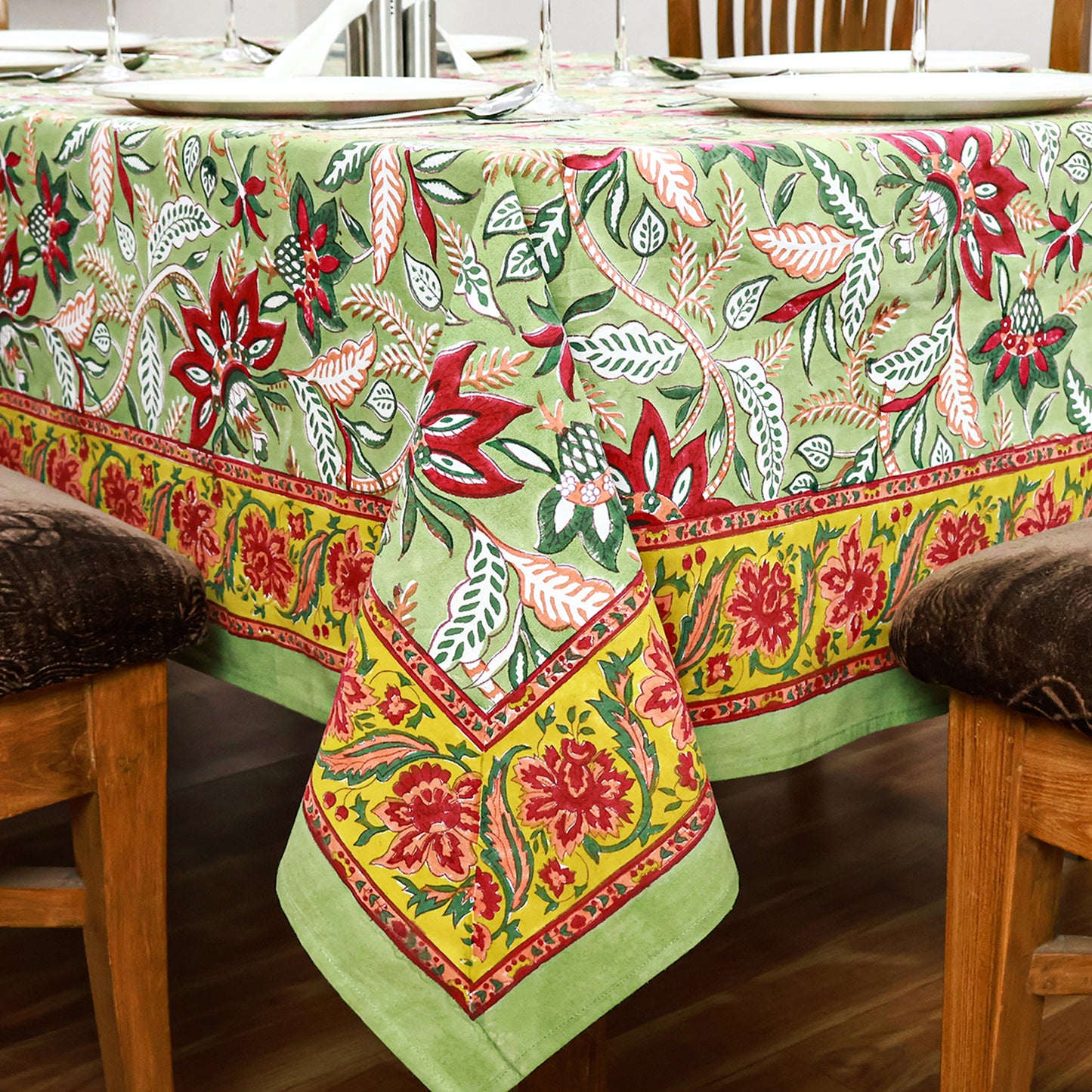 Red Green Block Printed Cotton Tablecloth And Dinning Table Cover - My Store