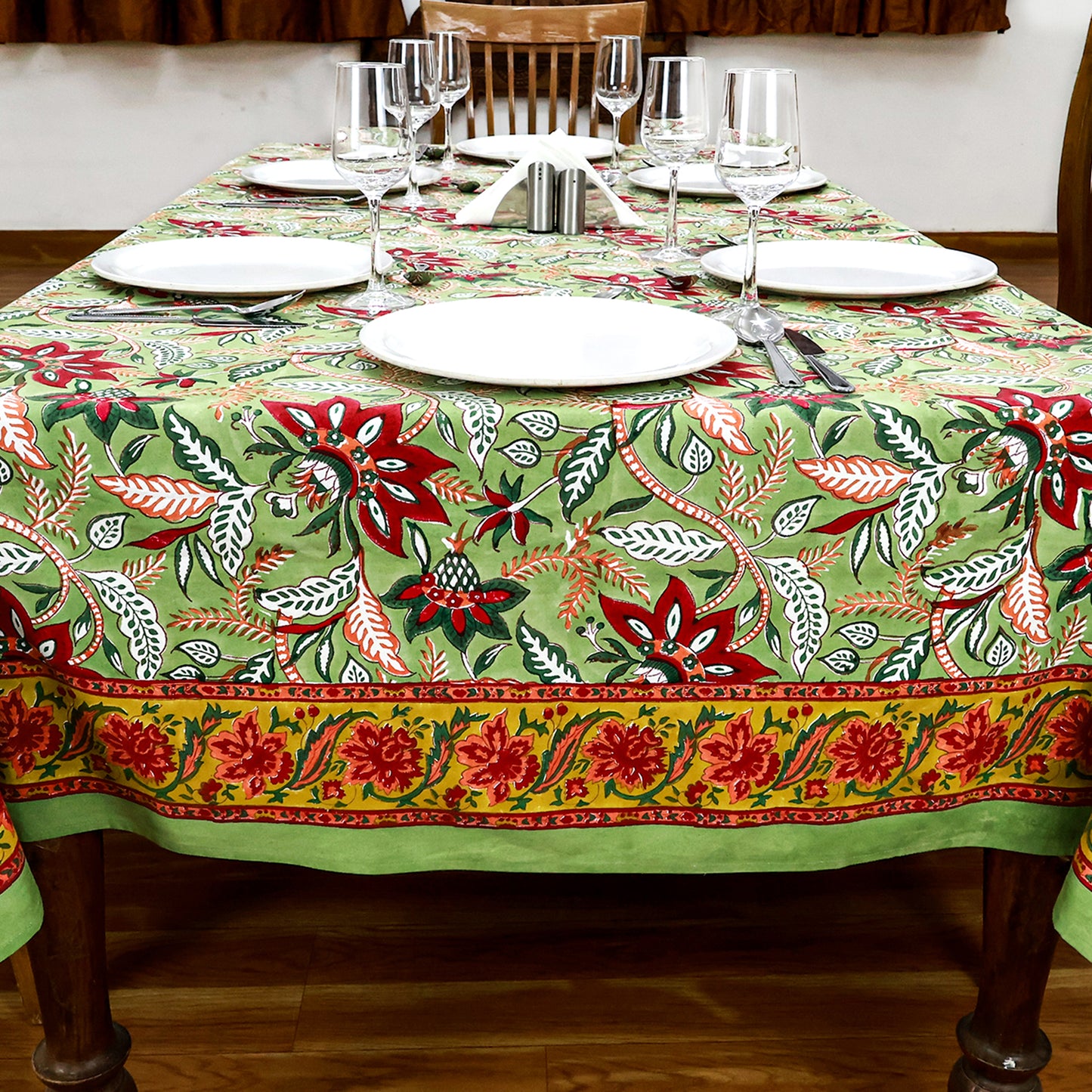 Red Green Block Printed Cotton Tablecloth And Dinning Table Cover - My Store