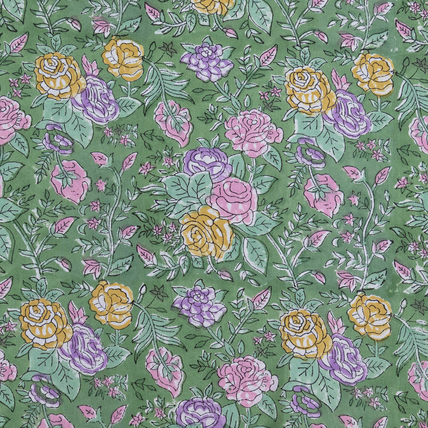 Indian Handmade Block Printed Green and Pink Floral Pattern Cotton Bed sheet For living Room, Kids Room - My Store