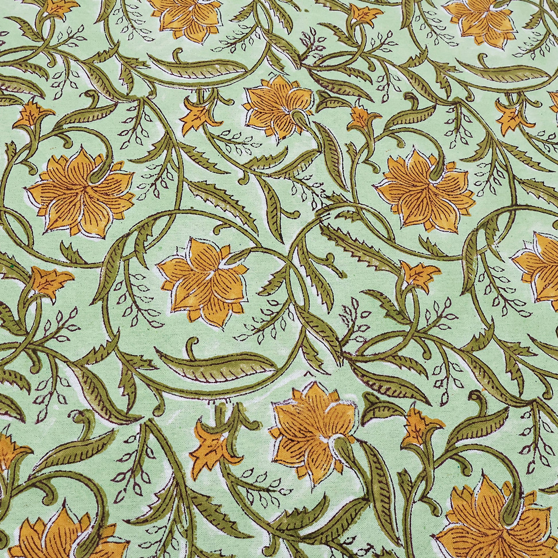 Floral Green Yellow Hand Block Printed Cotton Rectangle Tablecloth - My Store