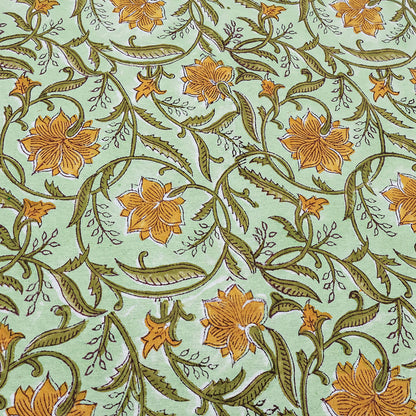 Floral Green Yellow Hand Block Printed Cotton Rectangle Tablecloth - My Store