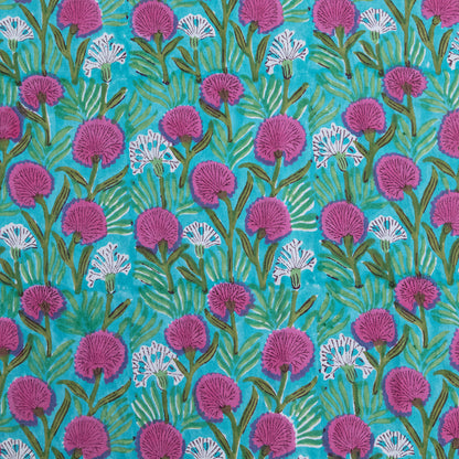 Indian Handmade Block Printed Green and Pink Floral Pattern Cotton Bed sheet For living Room, Kids Room - My Store