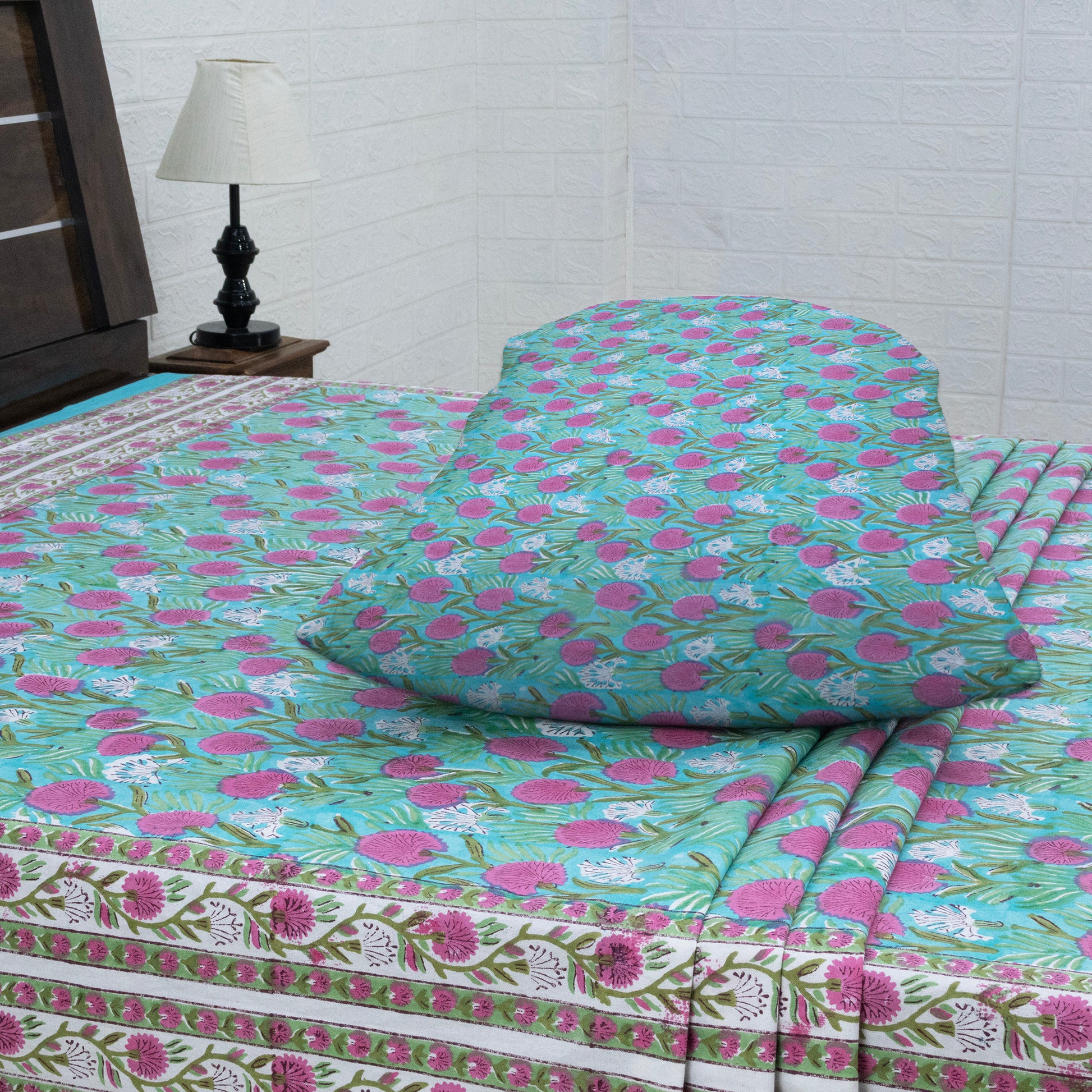 Indian Handmade Block Printed Green and Pink Floral Pattern Cotton Bed sheet For living Room, Kids Room - My Store