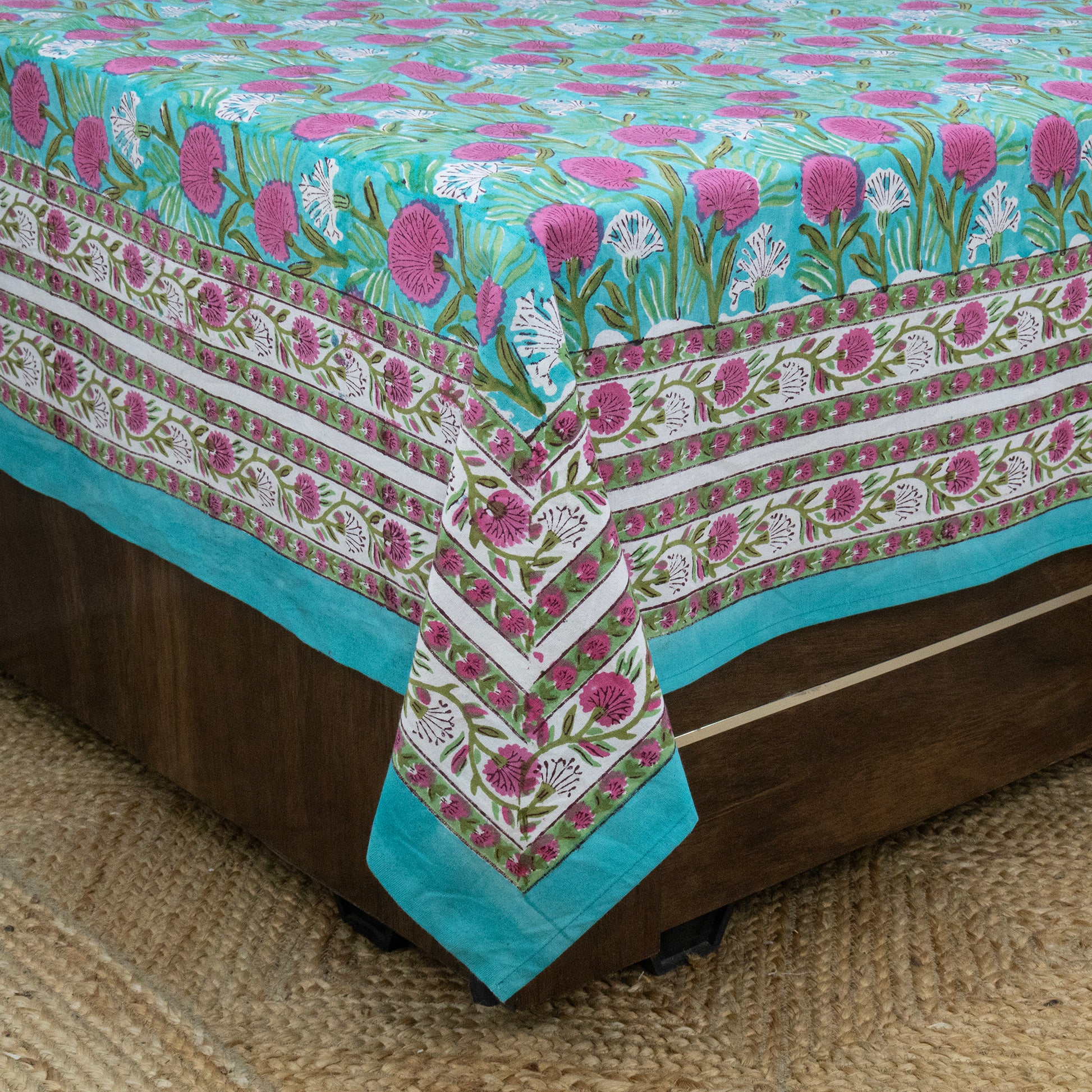Indian Handmade Block Printed Green and Pink Floral Pattern Cotton Bed sheet For living Room, Kids Room - My Store