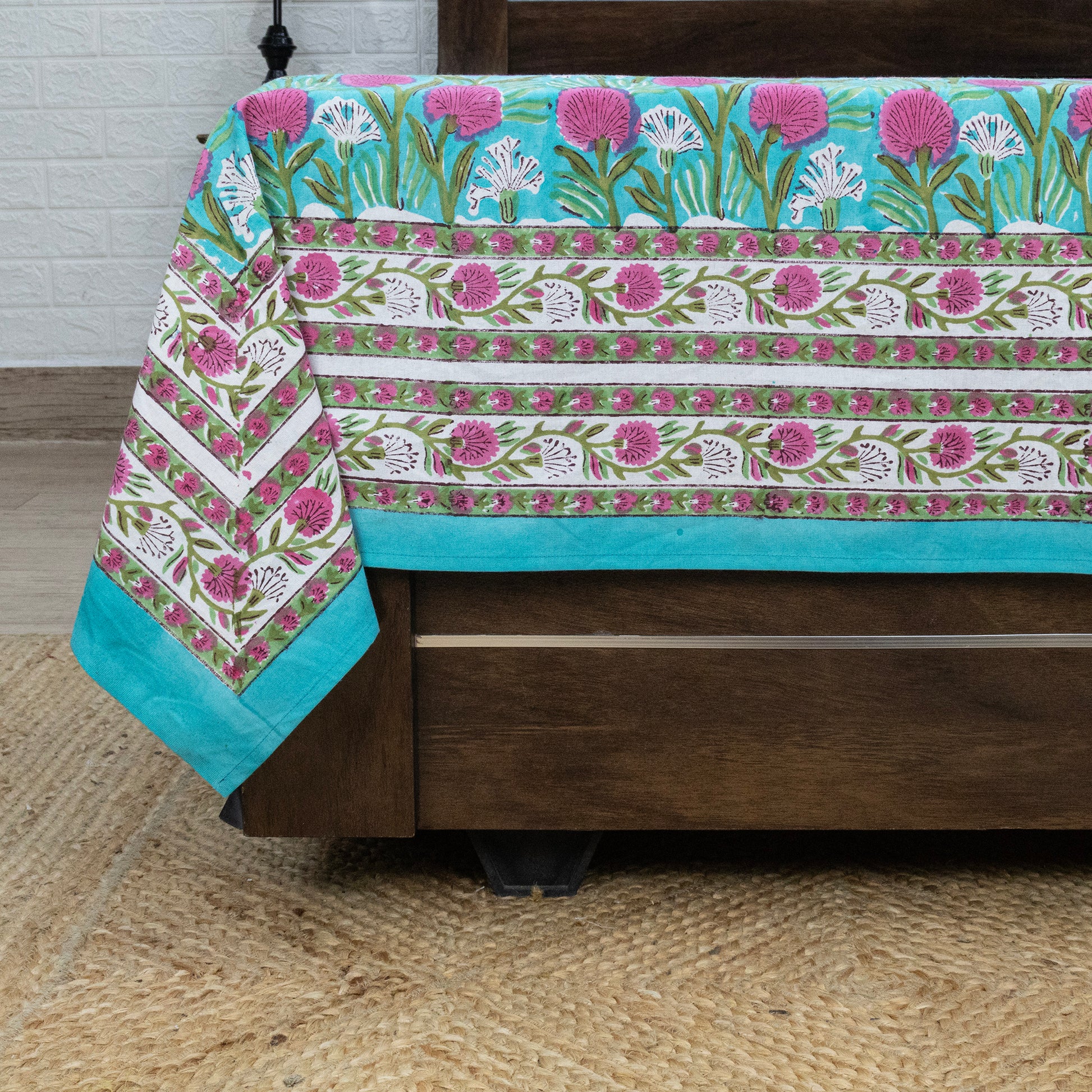 Indian Handmade Block Printed Green and Pink Floral Pattern Cotton Bed sheet For living Room, Kids Room - My Store