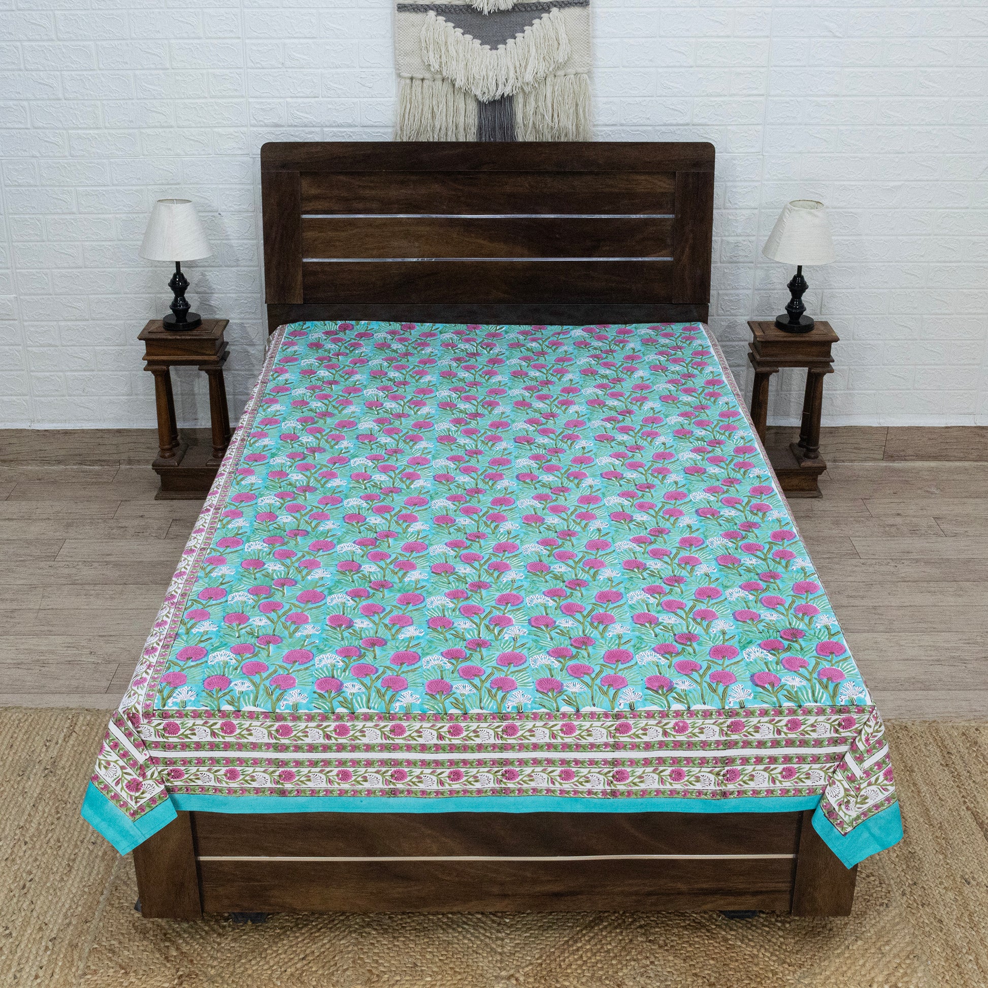 Indian Handmade Block Printed Green and Pink Floral Pattern Cotton Bed sheet For living Room, Kids Room - My Store