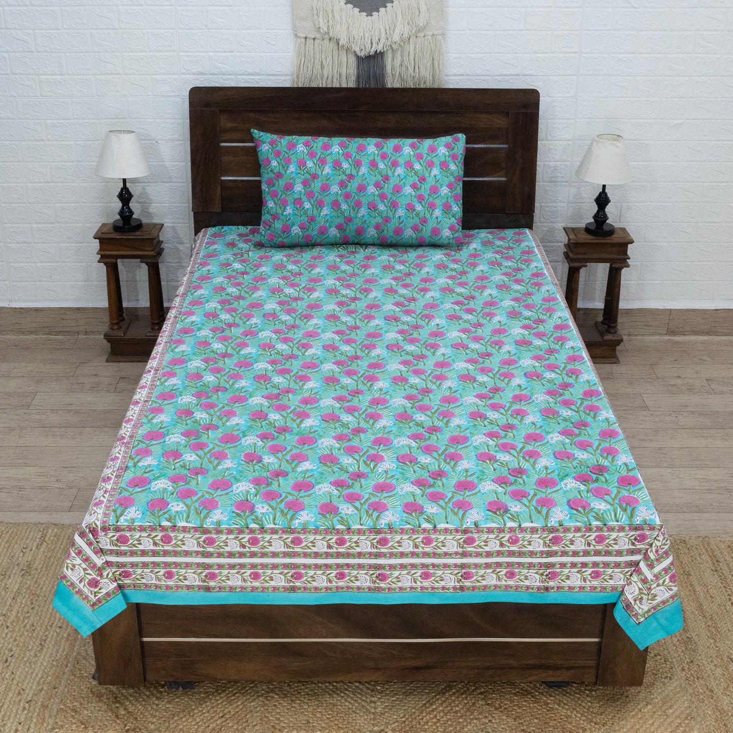 Indian Handmade Block Printed Green and Pink Floral Pattern Cotton Bed sheet For living Room, Kids Room - My Store