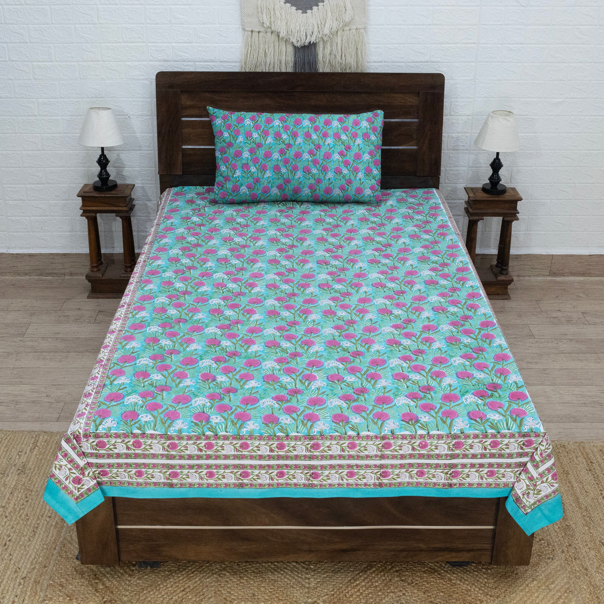 Indian Handmade Block Printed Green and Pink Floral Pattern Cotton Bed sheet For living Room, Kids Room - My Store