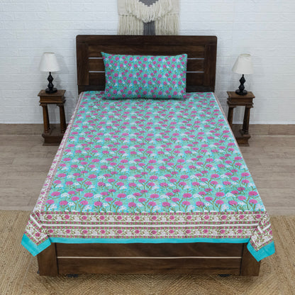 Indian Handmade Block Printed Green and Pink Floral Pattern Cotton Bed sheet For living Room, Kids Room - My Store