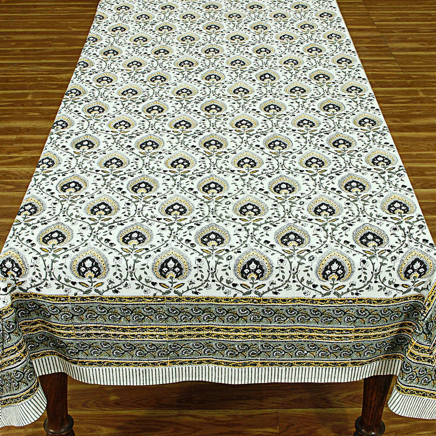 Hand Block Printed Gray and White Rectangle Floral Print Table Cover - My Store