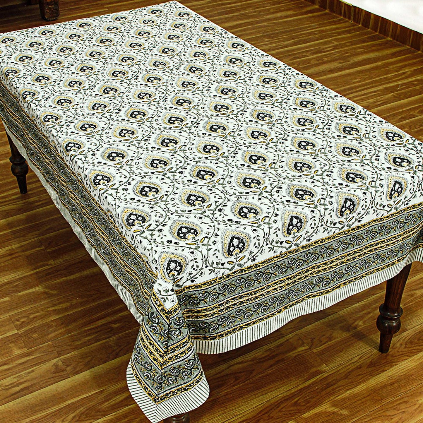 Hand Block Printed Gray and White Rectangle Floral Print Table Cover - My Store