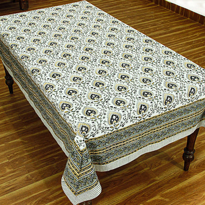 Hand Block Printed Gray and White Rectangle Floral Print Table Cover - My Store