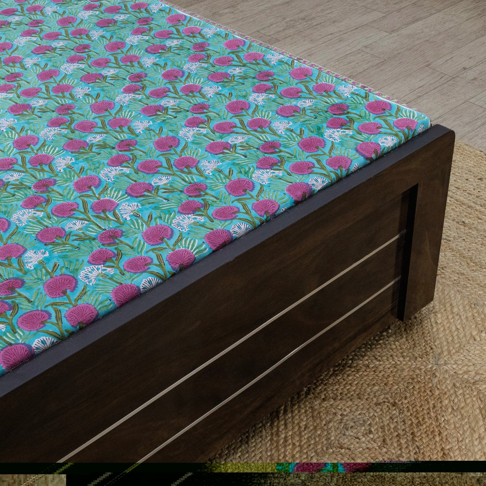 Indian Handmade Block Printed Green and Pink Floral Pattern Cotton Bed sheet For living Room, Kids Room - My Store