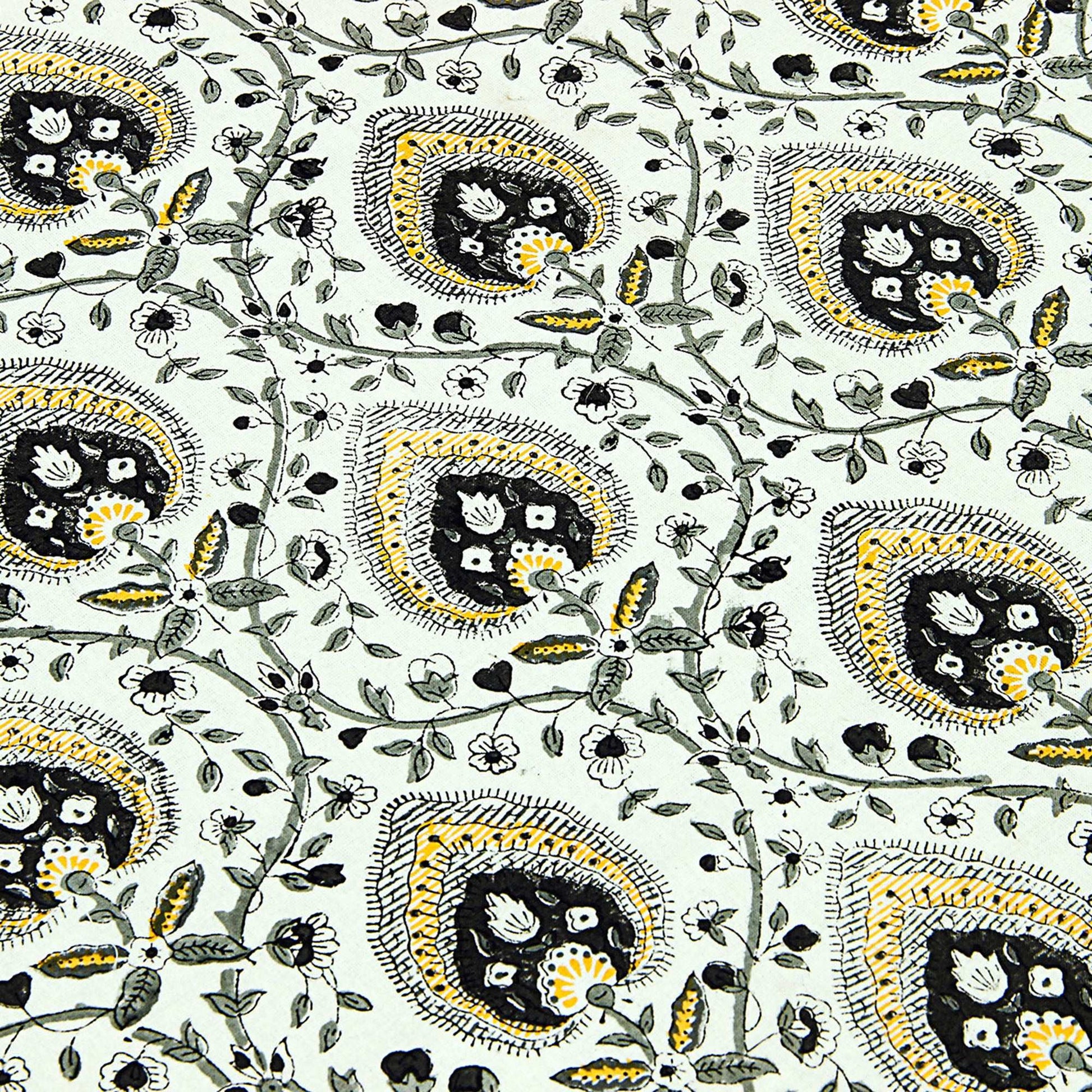 Hand Block Printed Gray and White Rectangle Floral Print Table Cover - My Store