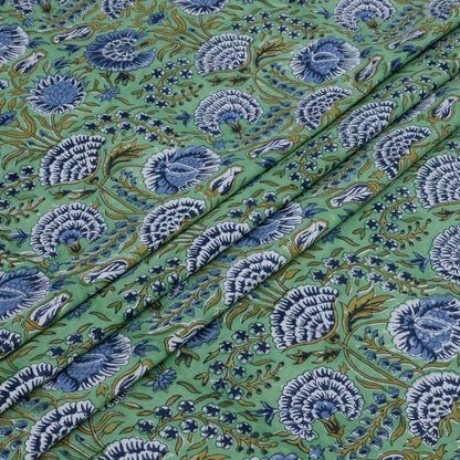 Cotton Bedsheet – Hand Block Floral Print – Green and Blue – King, Queen, Twin Sizes - My Store