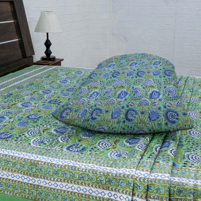 Cotton Bedsheet – Hand Block Floral Print – Green and Blue – King, Queen, Twin Sizes - My Store