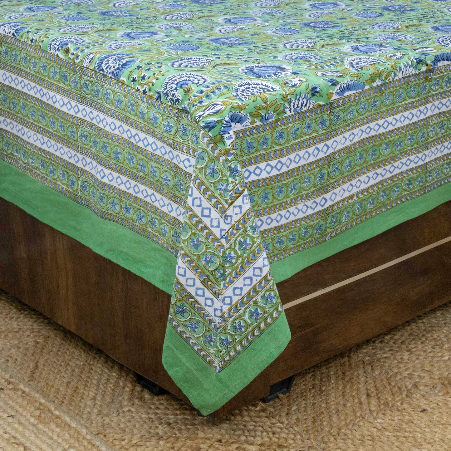 Cotton Bedsheet – Hand Block Floral Print – Green and Blue – King, Queen, Twin Sizes - My Store
