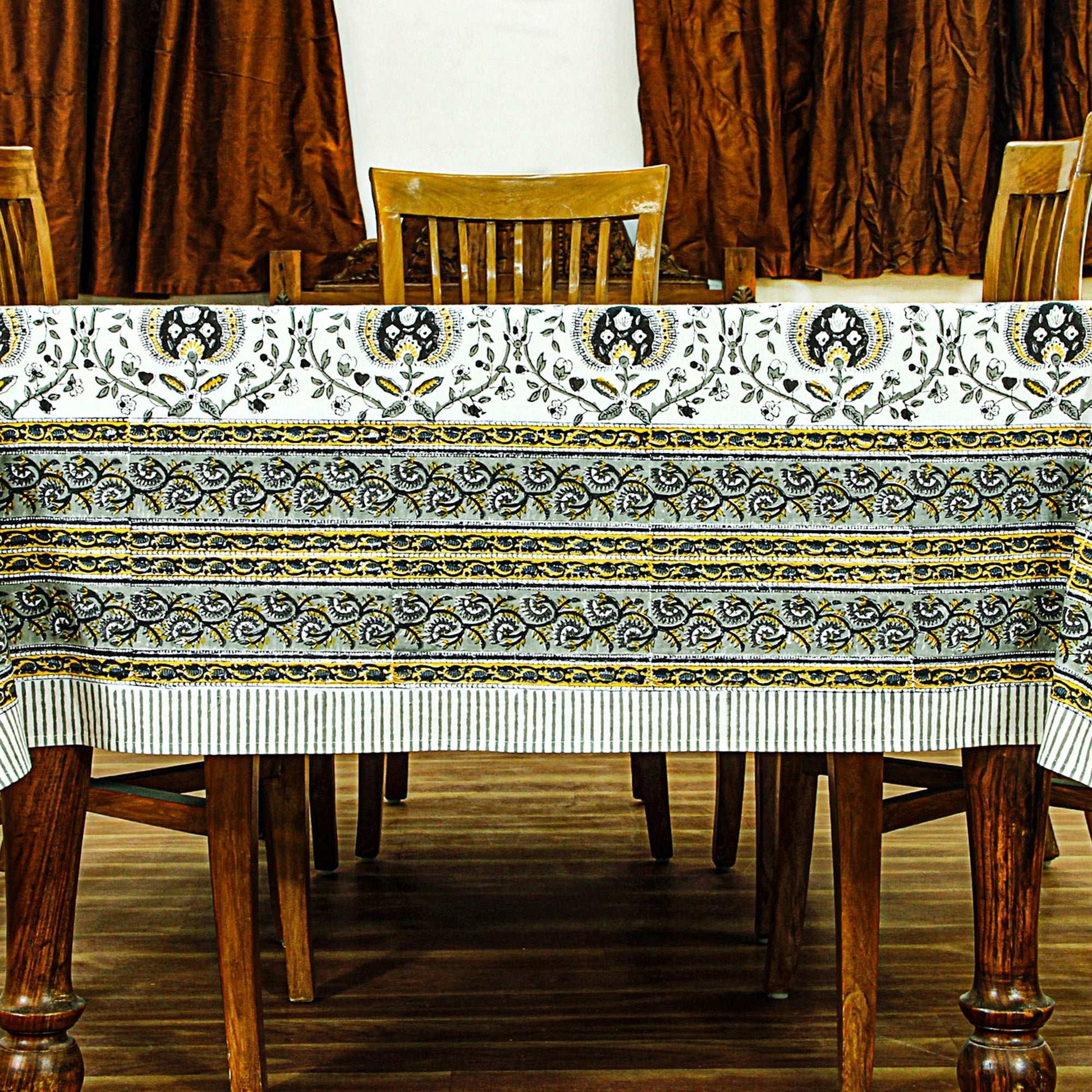 Hand Block Printed Gray and White Rectangle Floral Print Table Cover - My Store