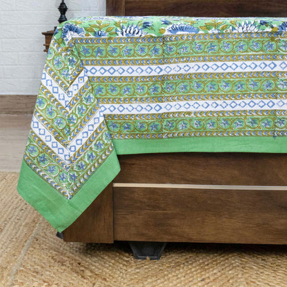 Cotton Bedsheet – Hand Block Floral Print – Green and Blue – King, Queen, Twin Sizes - My Store