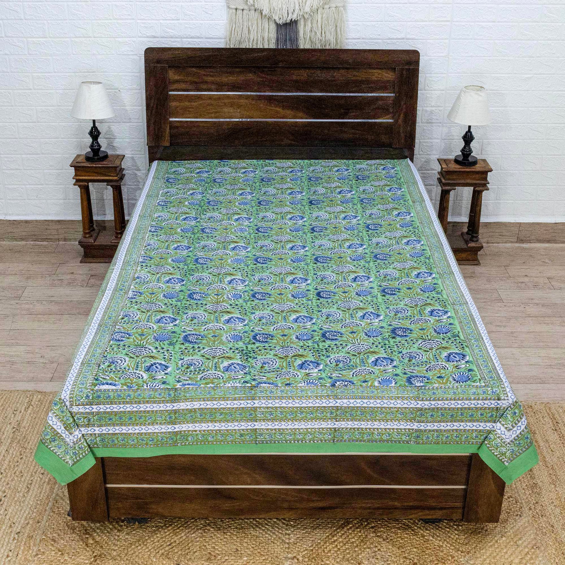 Cotton Bedsheet – Hand Block Floral Print – Green and Blue – King, Queen, Twin Sizes - My Store