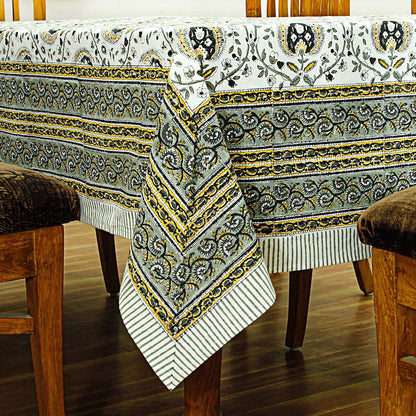 Hand Block Printed Gray and White Rectangle Floral Print Table Cover - My Store